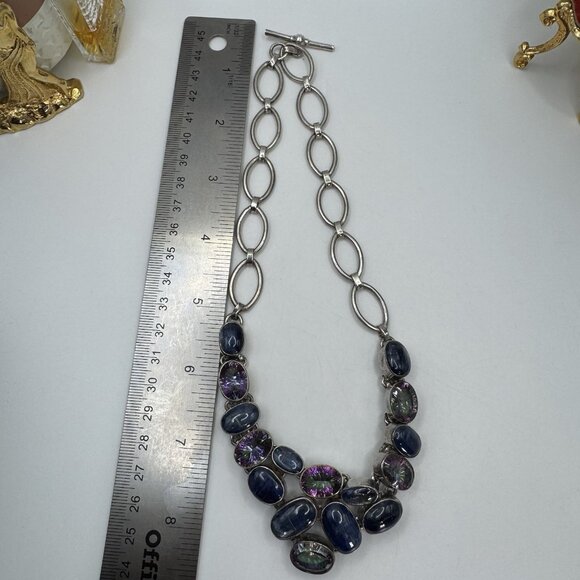 Sterling Silver Statement Labradorite Bib Necklace W/Blue Topaz By Silver Rush - Picture 4 of 10